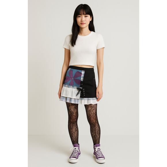 Upcycled J. Galt Brandy Melville Plaid and Black Ruffled Distressed Mini size S - Picture 1 of 5